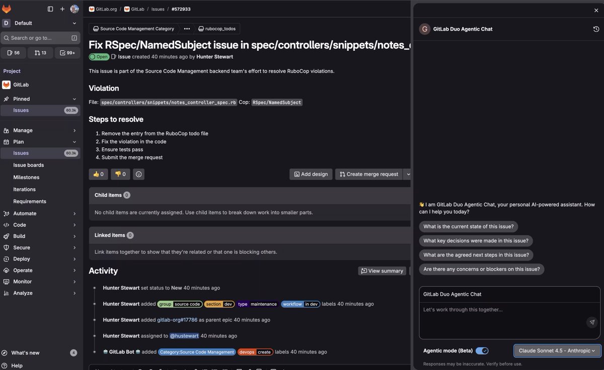 gitlab's tweet image. Claude Sonnet 4.5 is available in GitLab Duo Pro, Duo Enterprise, and Duo Agent Platform, giving teams access to Anthropic’s most advanced model for coding and agents.

Learn more in our blog: about.gitlab.com/blog/greater-a…