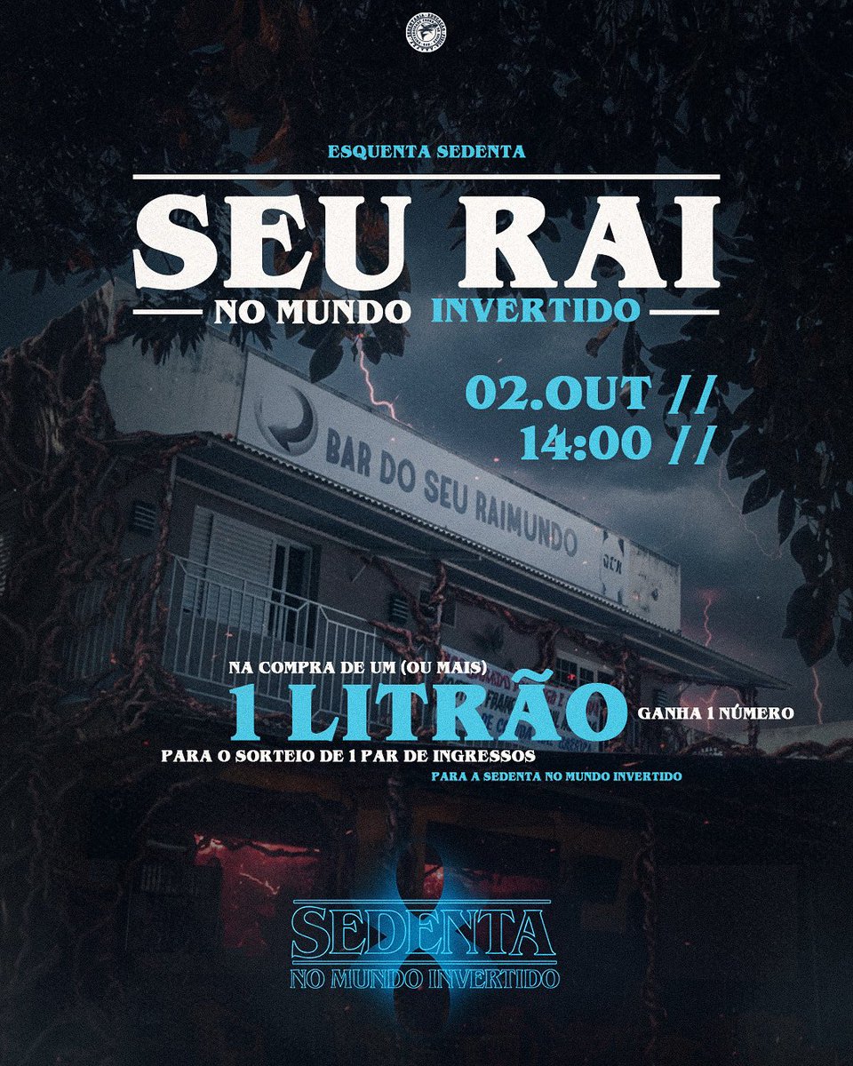 🍻 SEU RAI QUINTA

E na compra de 1 litrão(ou mais) vc ganha um número pra concorrer a um par de ingressos da sedenta. 

A sedenta acontece 14/11 mas o Tutu trouxe um esquenta pra você que tá ansioso.

🕰️ | SEU RAI NO MUNDO INVERTIDO 
🗓️ | 02 DE OUTUBRO
🦈 | <a href="/sedentariaufg/">Tutu Malvadeza</a>