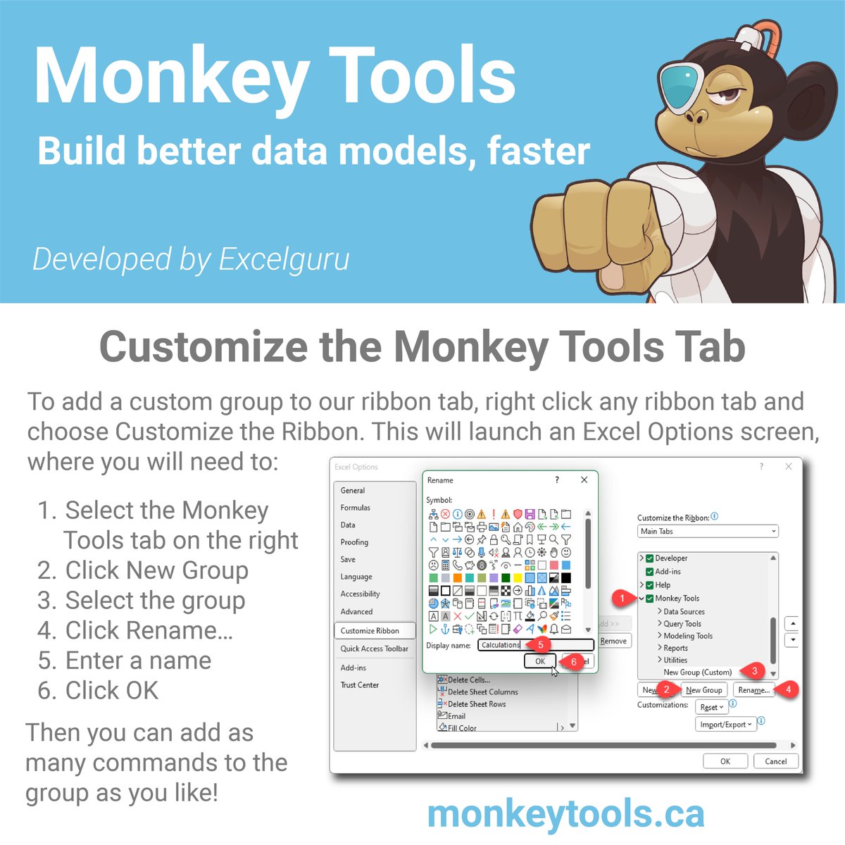 kpuls's tweet image. The Monkey Tools ribbon was designed with one goal in mind: to make you more efficient when building queries and/or data models. Learn how to personalize the Monkey Tools tab at mkyt.ca/customtab

#Excel #PowerQuery #DataModeling #BusinessIntelligence #DataAnalyticsTools