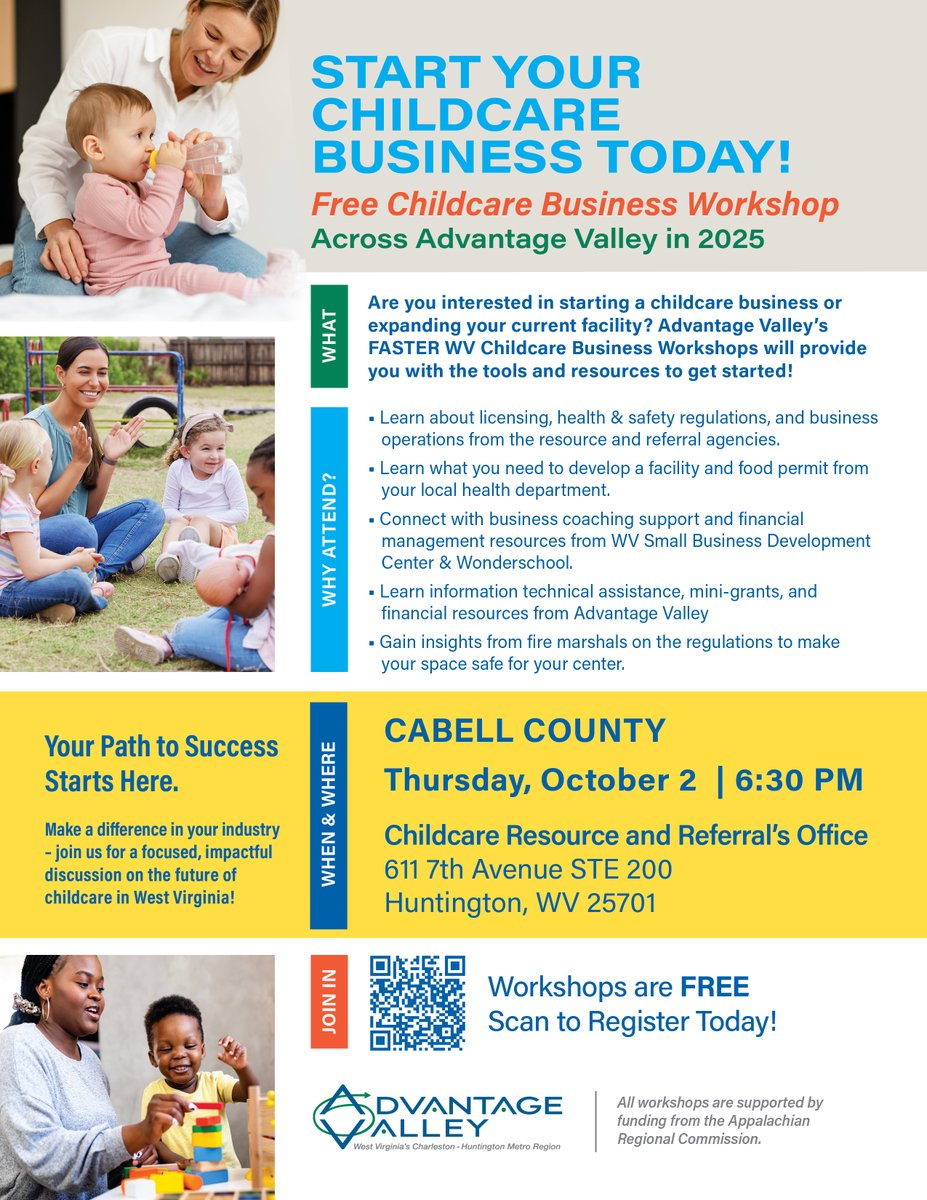 AdvntageValley's tweet photo. 🌟WV Childcare Needed – Be Part of the Solution! 🌟

Join us for FREE Advantage Valley Childcare Workshop in Cabell County to learn about resources 📚 to start or grow your childcare business 🏡! 
Register: https://t.co/7EEhobFH6Q 
#yesWV #FASTERWV #childcare https://t.co/9amFRroj02