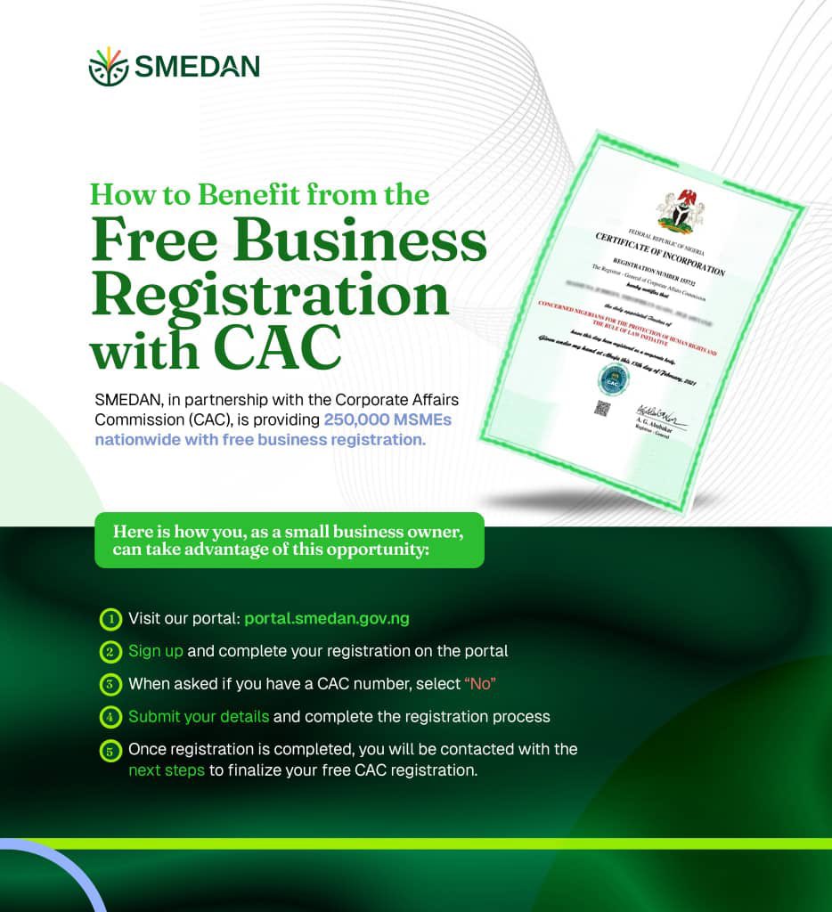 __yellows's tweet photo. Join 250,000 entrepreneurs! Register your business for FREE with @cacnigeria1 via https://t.co/cUVrhFb7Ld. Start today and grow your dream! 

#SMEDANxCAC 
#GROWNigerian 
#HereForProsperity 
#SMEDAN https://t.co/UPbduUjeUA