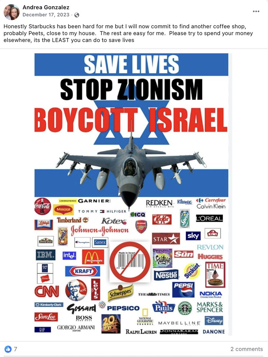 StopAntisemites's tweet image. Andrea Gonzalez, a psychiatrist nurse with Scripps Mercy Hospital in San Diego CA, shares shocking antisemitic sentiment on her FB page, including:

- calls to boycott the world’s only Jewish nation
- refers to a Jewish PM as &quot;Hitler&quot;
- claims Israel allowed the 10/7 to occur
-…