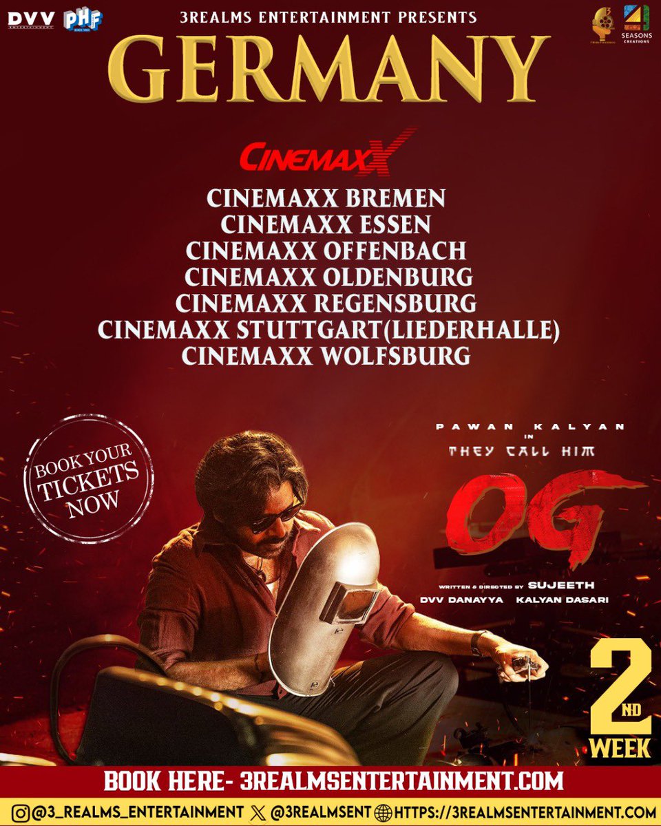 Germany OG 2nd week showtimes..

Seeing the CUTOUT of <a href="/PawanKalyan/">Pawan Kalyan</a> on screen itself is an adrenaline rush 💥💥

Germany grand release by <a href="/3REALMSEnt/">3Realms Entertainment</a> 

<a href="/4SeasonCreation/">4Seasons Creations AS</a> <a href="/PharsFilm/">Phars Film Co LLC</a> <a href="/DVVMovies/">DVV Entertainment</a> <a href="/IamKalyanDasari/">Kalyan Dasari</a> <a href="/PawanKalyan/">Pawan Kalyan</a> <a href="/Sujeethsign/">Sujeeth</a> <a href="/TrendPSPK/">Trend PSPK</a> <a href="/PkfcGermany/">PKFC Germany</a>