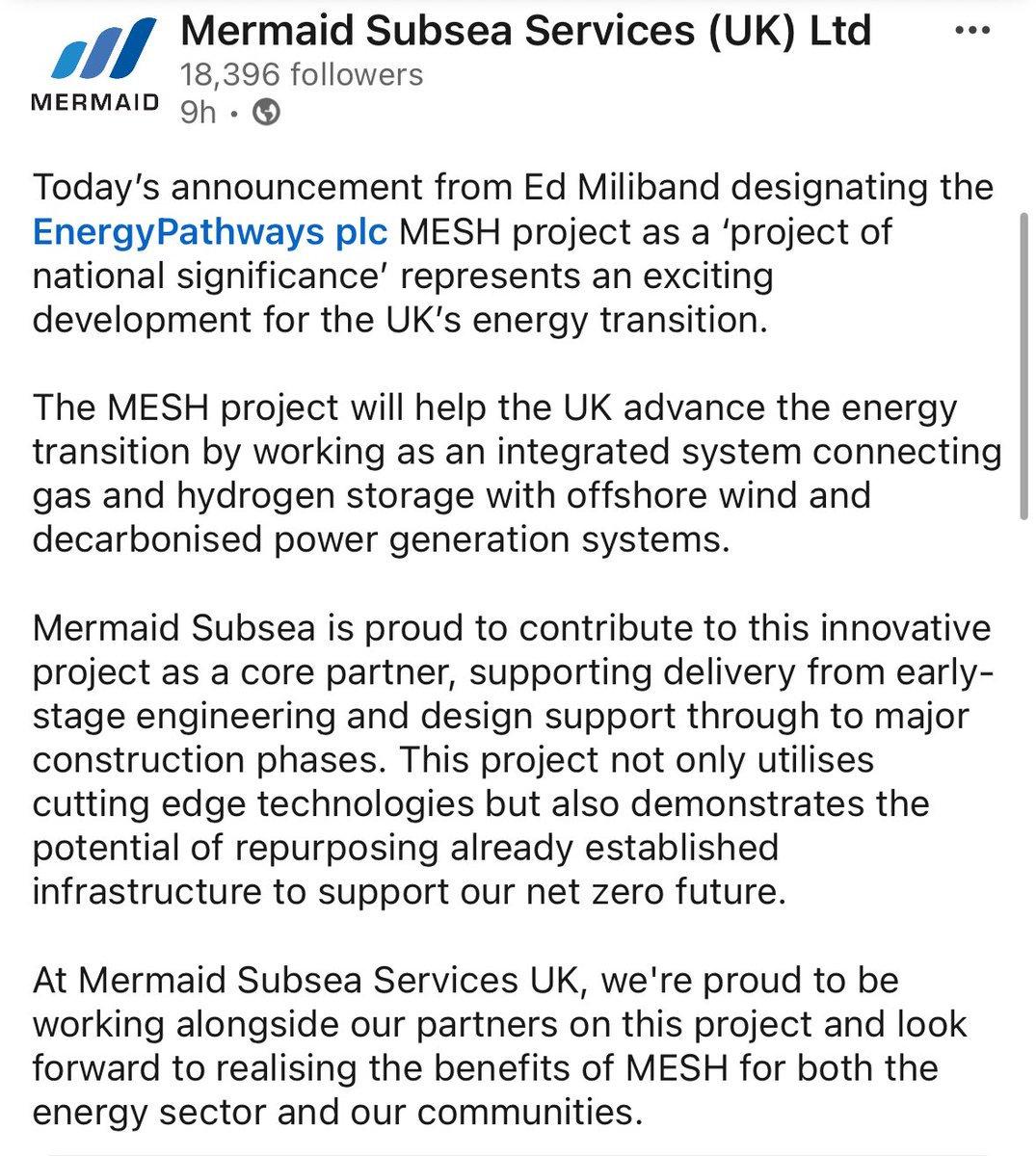 A nice mention today from Mermaid Subsea, one of the MESH Project’s partnership consortium. #EPP <a href="/energy_pathways/">EnergyPathways</a>