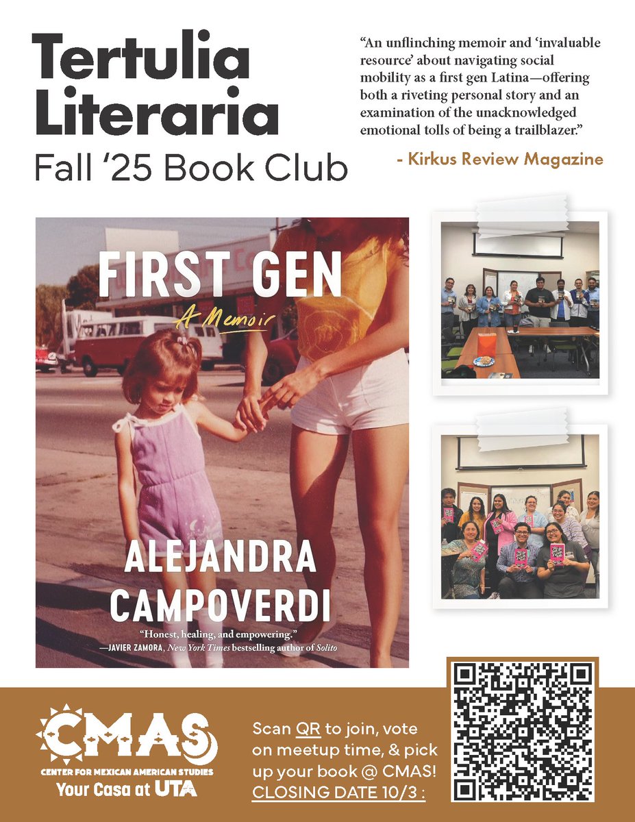 CMAS at UTA (@cmasatuta) on Twitter photo ⏰ Just 1 week left to join the Tertulia Literaria Fall ‘25 #BookClub Don’t miss out on this moving memoir about the first-gen Latina experience. <a href="/UTArlington/">The University of Texas at Arlington</a> <a href="/UTAEnglish/">UTA Department of English</a> <a href="/utamodlangs/">UTA Department of Modern Languages</a>
#CMAStucasaatUTA #SomosUTA #UTA #MAVUP #UTArlington ⏰ Just 1 week left to join the Tertulia Literaria Fall ‘25 #BookClub Don’t miss out on this moving memoir about the first-gen Latina experience. <a href="/UTArlington/">The University of Texas at Arlington</a> <a href="/UTAEnglish/">UTA Department of English</a> <a href="/utamodlangs/">UTA Department of Modern Languages</a>
#CMAStucasaatUTA #SomosUTA #UTA #MAVUP #UTArlington