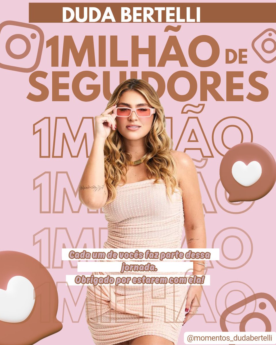 FcDudaBertelli's tweet photo. Nossa @Dudabertelliofc acaba de atingir 1 MILHÃO de seguidores no Instagram! 💖
Cada curtida, cada comentário e cada apoio fizeram parte dessa conquista gigante.
Vamos juntos celebrar mais essa vitória e continuar espalhando amor por ela! 💕🙌 https://t.co/0UkFN6B0SI