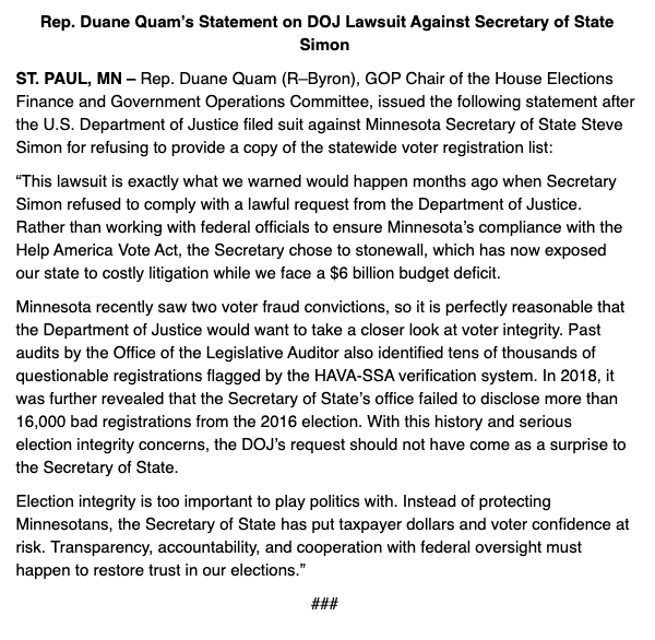 NEW: Rep. Duane Quam slams MN Secretary of State Steve Simon for refusing to hand over voter rolls, prompting DOJ lawsuit 

"Instead of protecting Minnesotans, the Secretary of State has put taxpayer dollars and voter confidence at risk," he says.