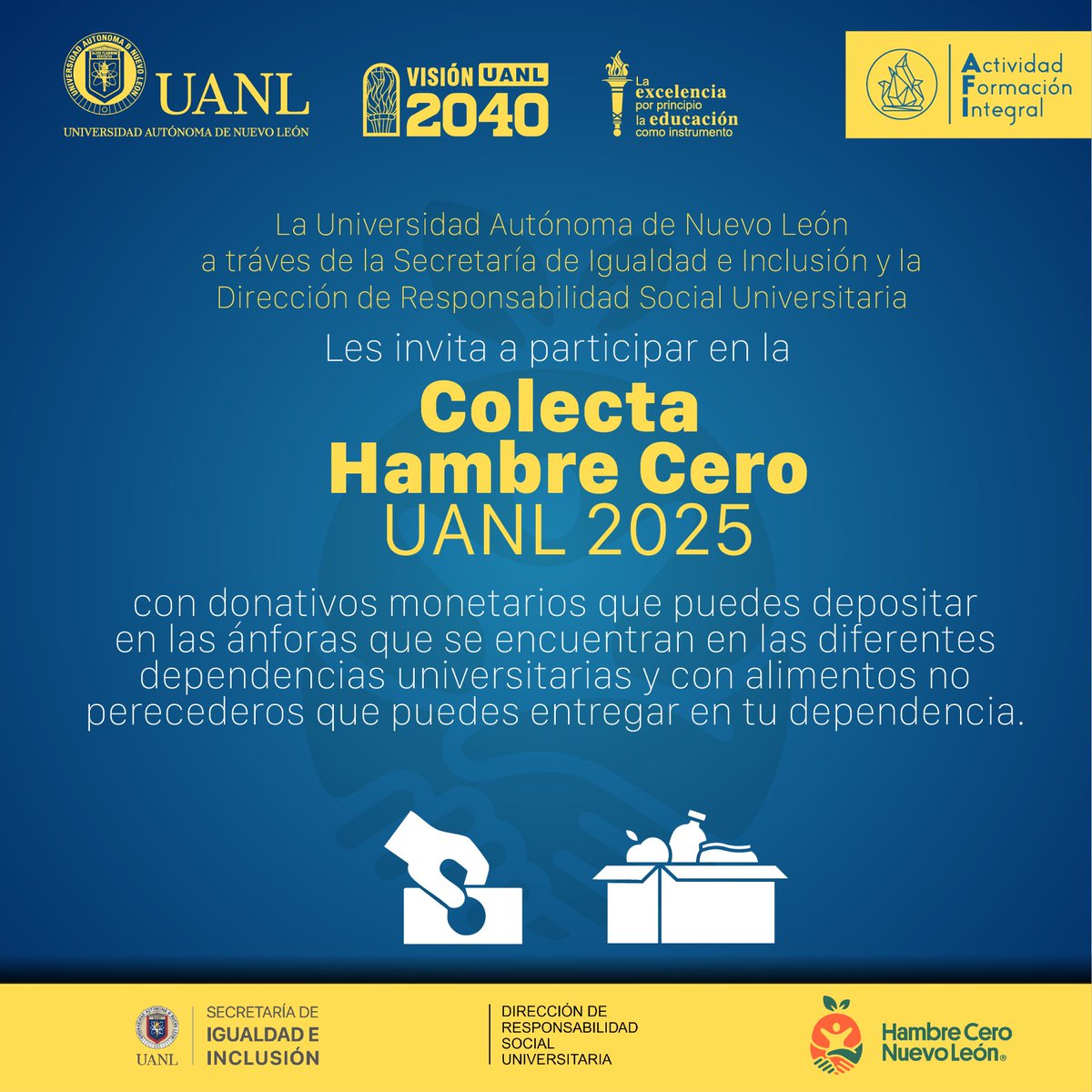 uanl's tweet photo. En el Día Internacional de Concienciación sobre la Pérdida y el Desperdicio de Alimentos 🚯🍎, te invitamos a unirte a la Colecta @hambreceronl 🤲🍊 a través de donaciones monetarias o en especie. ¡Tu ayuda cuenta como #EventoAFI! ✅
#UnaCausaDeTodos https://t.co/hWMtvq1DdT