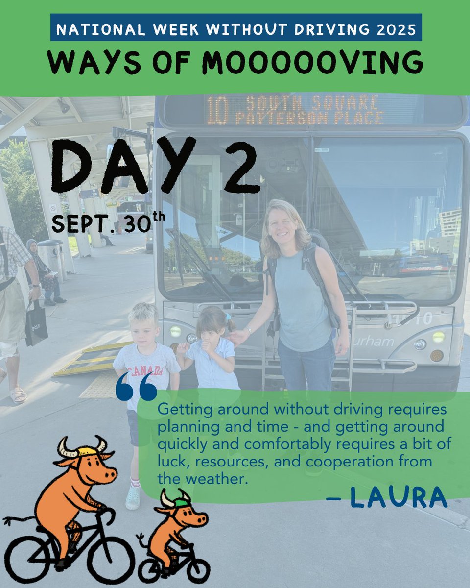 BikeDurham's tweet image. National #WeekWithoutDriving is mooooving along. It's been rainy this week - has it  put a damper on your Week Without Driving? We've been hoofing it more and using transit over cycling when the weather is bad.