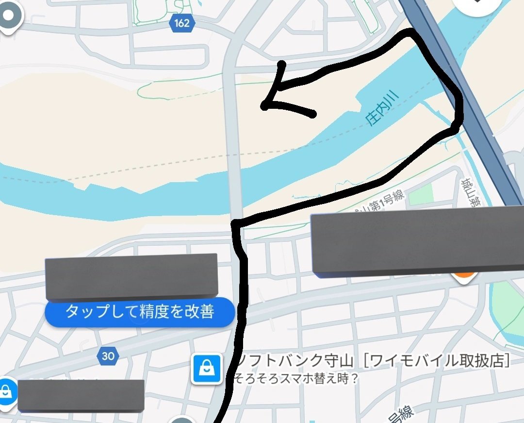 おはようございます。
出勤時間のため朝の散策から撤退します。午前午後共に家族が言ってくれることになりました。
早朝の散策ルートは以下です。
庄内川の散歩道を重点的に探しましたが鳴き声も羽根も見つからなかったです。