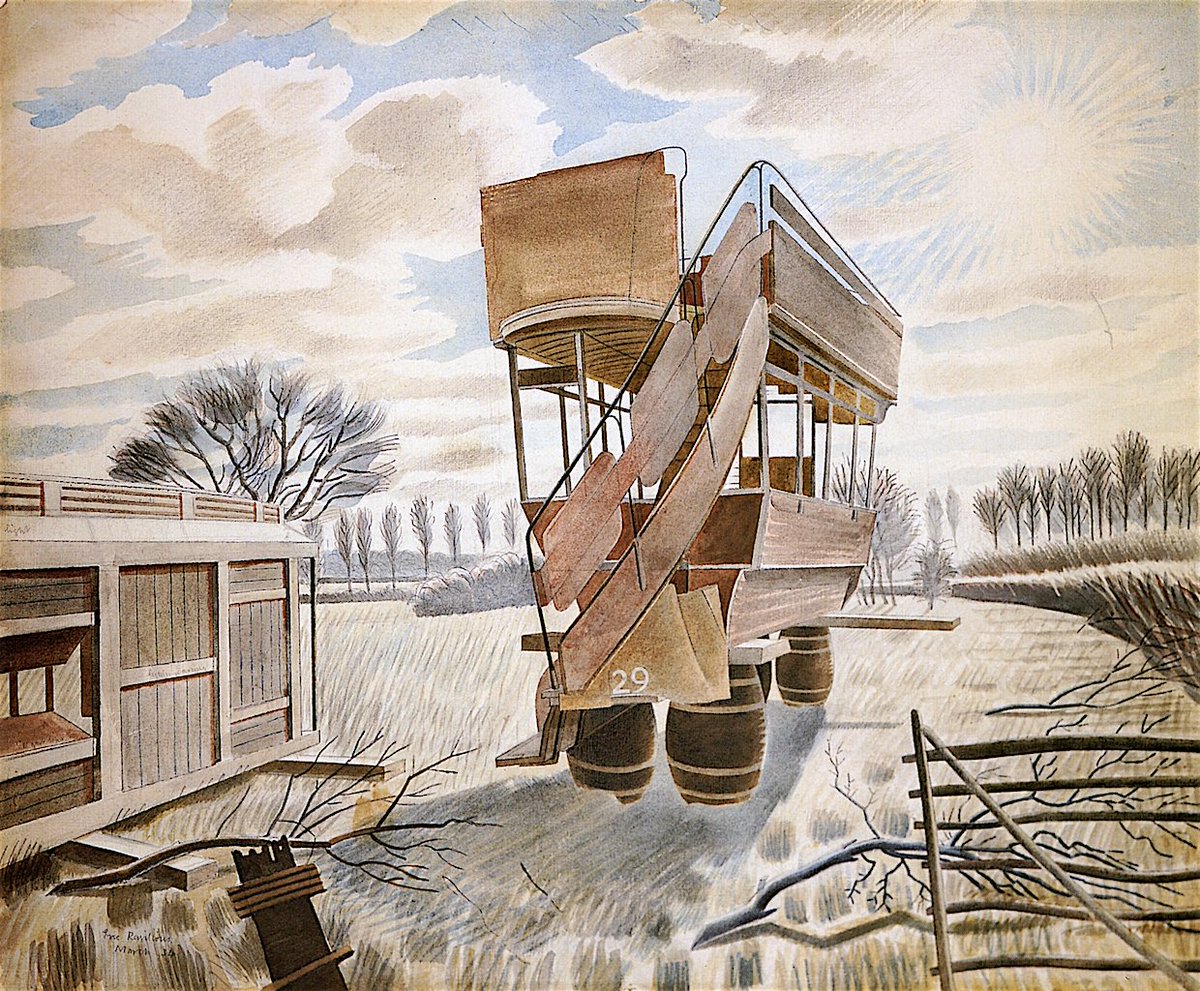 No. 29 Bus, Eric Ravilious, 1934. It depicts a scene at Bell Lane, Great Bardfield, #Essex. The original artwork is in the collection of <a href="/TownerGallery/">Towner Eastbourne</a>.