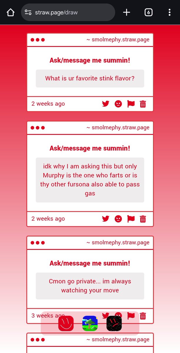 haven't checked this for ages lol, but here's the answers!!
1. I dont really have a fave, as long as its super stinky haha
2.  all my skonks can! tho Naz prefers to spray as she has really good aim, and its worse for the victim
3. idk what u mean O.o 
smolmephy.straw.page