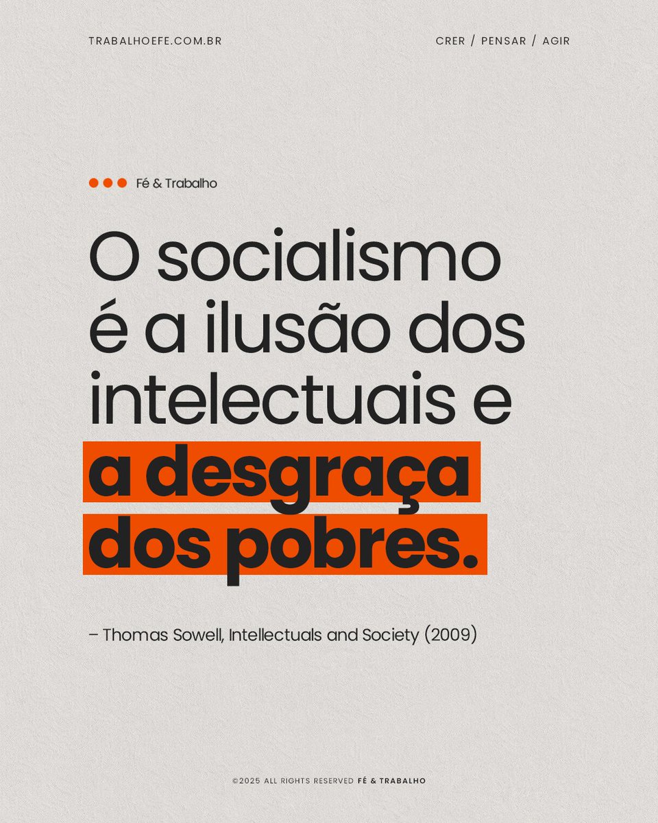 Sowell é economista americano, crítico da esquerda acadêmica e defensor da liberdade econômica.

–

#frasedodia #socialismo #ilusão #pobreza