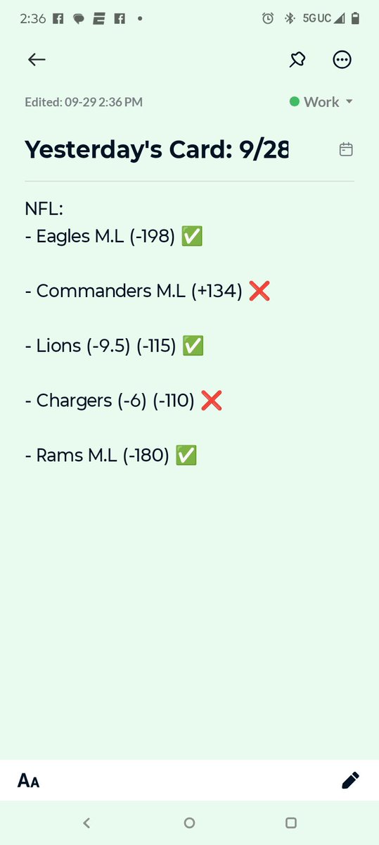 📊 Sunday Recap – NFL 9/28 📊
✅ Eagles M.L (-198)
❌ Commanders M.L (+134)
✅ Lions (-9.5) (-115)
❌ Chargers (-6) (-110)
✅ Rams M.L (-180)
Solid day with key wins cashing in! 🏈💰
•
•
•
#NFL #SportsBetting #GamblingTwitter #NFLPicks #BettingTips