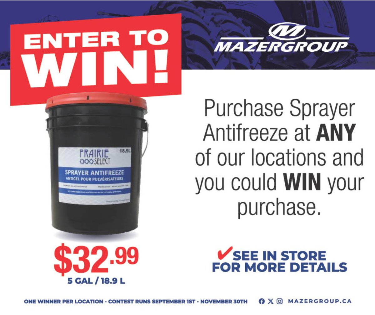 mazergroup's tweet photo. 🚨Contest Alert🚨

Buy your sprayer anti-freeze now and you could win your purchase back! From now until November 30th purchase sprayer anti-freeze at any of our locations for a chance to win. See your local Parts Department for more details. https://t.co/J8xVwvjvNk