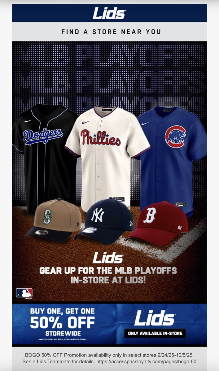 Justin90's tweet photo. @lids sends add about playoffs and everything is buy one get one 50 percent off. But buried in the fine print it says excluding mlb hot market teams. And then lists 16 of the 30 teams… false advertising much? https://t.co/4XhCe6m7XM