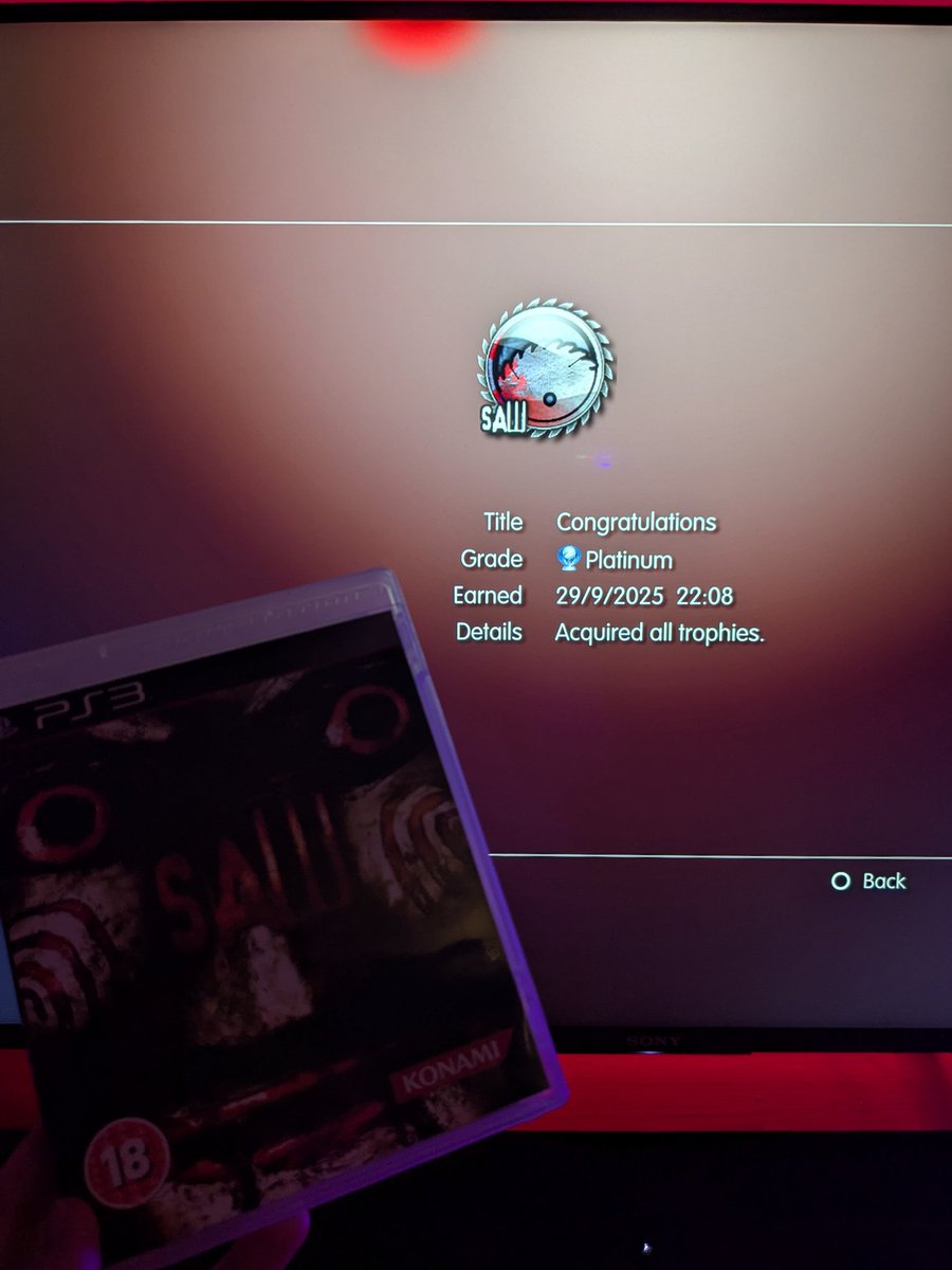 ClusterOfPixels's tweet image. SAW
Congratulations (PLATINUM)

Another for the PS3 horror collection.

#PlayStationTrophy #SAW #PlatinumTrophy