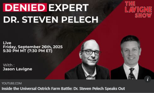 The Lavigne Show hosts Dr. Steven Pelech, University of BC Professor - Inside the Universal Ostrich Farm Battle.
youtube.com/live/IXi0GLuEm…

#saveourostriches #stopgovernmentoverreach