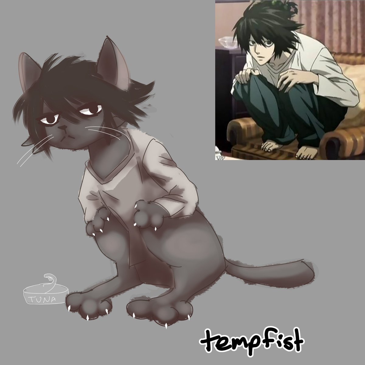 tempfists's tweet image. do you think as a cat L from death note would sit like this (sorry for the low qual i spent like 10 minutes doing this)