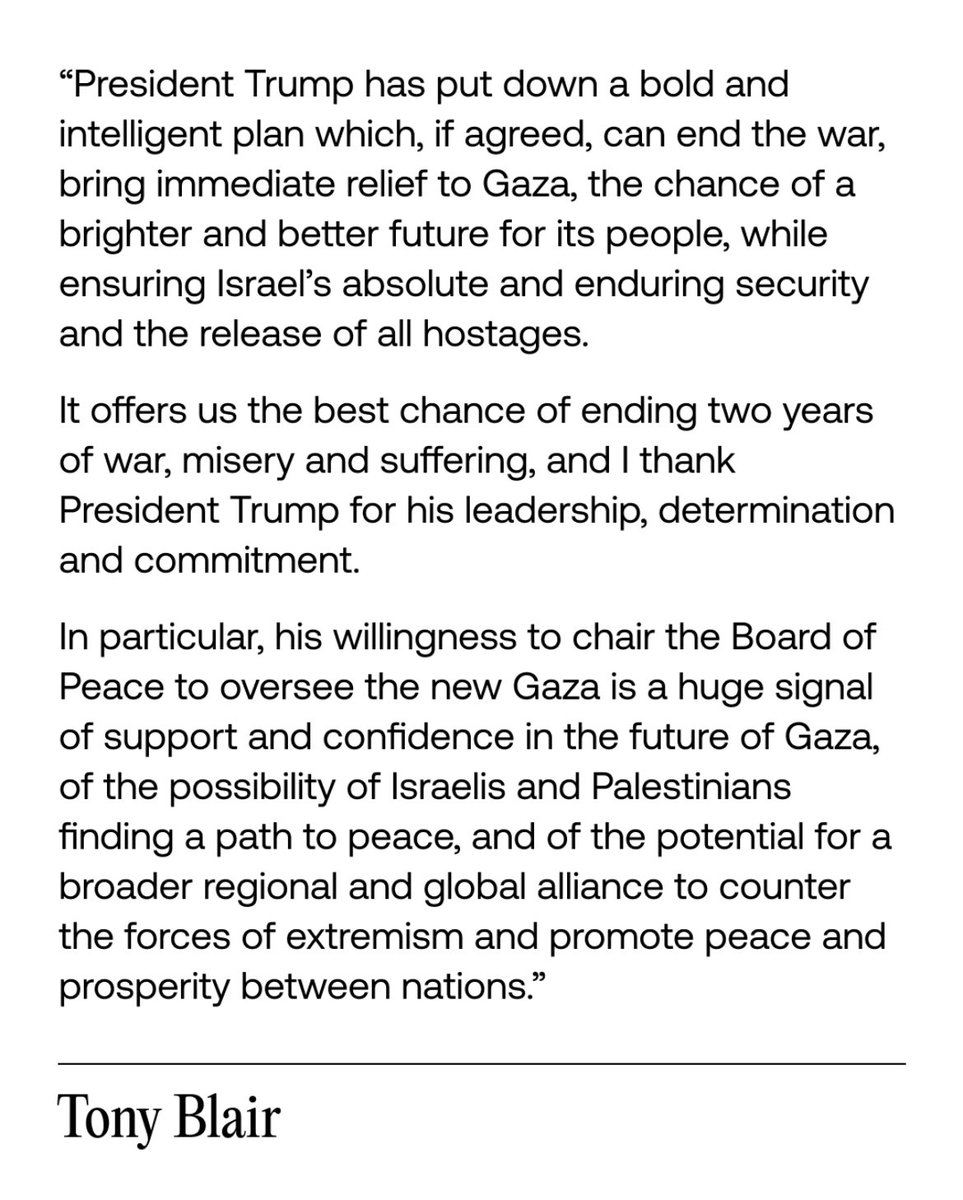 🚨🇬🇧🇵🇸 NEW: Former PM Tony Blair has released a statement in response to President Trump’s peace plan for Gaza