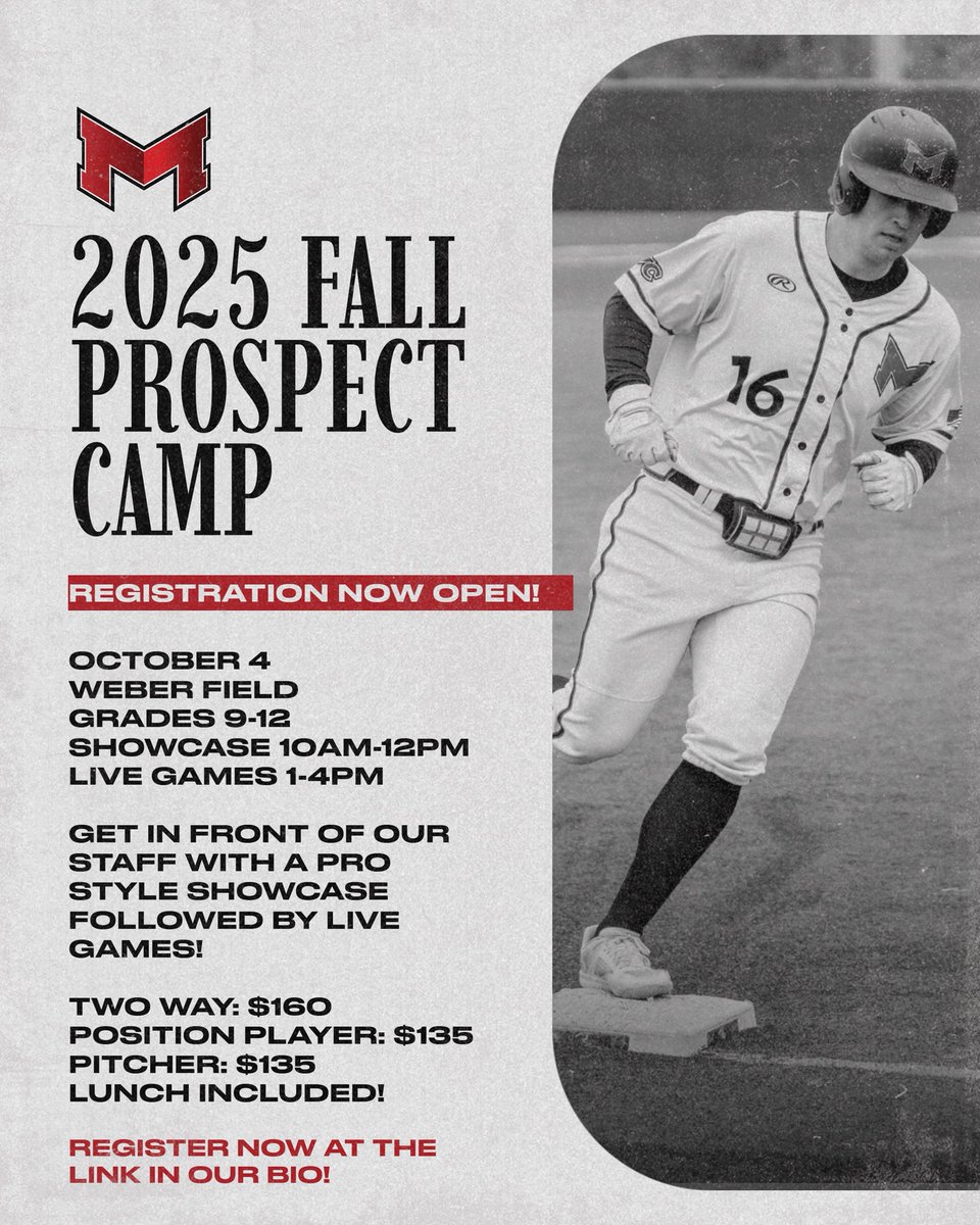 BaseballMU's tweet photo. LAST CALL‼️

We only have a few spots left for our fall prospect camp this Saturday. Don’t miss this chance to get in front of our staff! https://t.co/aeeVceZ0Wf