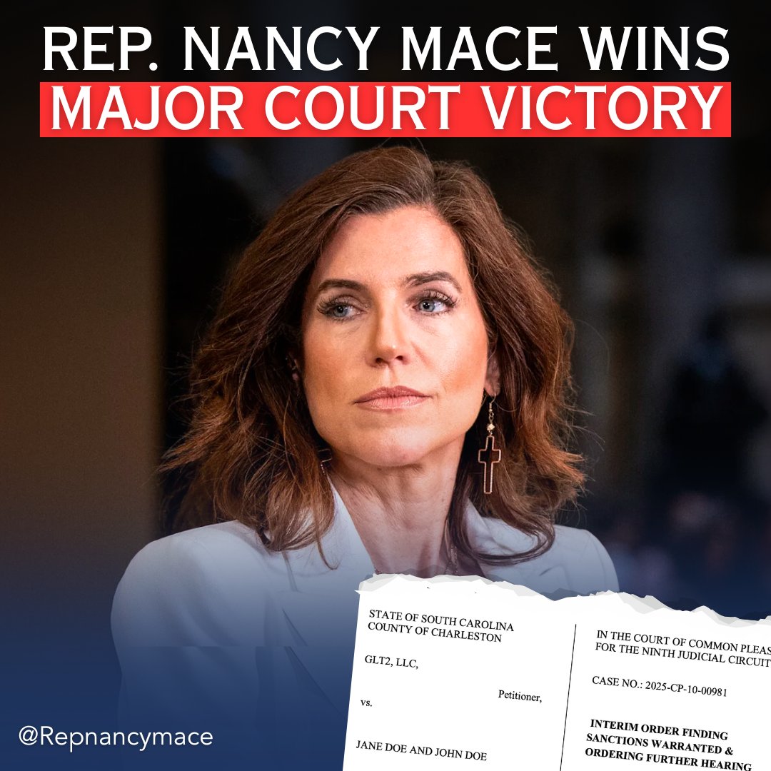 RepNancyMace's tweet photo. HUGE WIN IN COURT TODAY

Looks like the whole fake blackmail story backfired today when the court imposed sanctions on Patrick Bryant & Barrett Brewer.

Today, Charleston County Court issued sanctions against Bryant (GLT2) and his lawyer, Brewer, for abusing the legal system in a fake blackmail case designed to smear me and silence a rape victim, Jane Doe.

The judge found their actions were not made in good faith, violated court rules, and amounted to harassment and abuse of process. Brewer and Bryant now face stiff penalties for knowingly issuing improper subpoenas and an unauthorized deposition in an effort to intimidate victims and witnesses.

Jane Doe was allegedly filmed unconscious without her consent. Instead of facing accountability, Bryant and Brewer weaponized the courts to target us. The judge said ENOUGH is enough.

Sanctions are one of the harshest reprimands a court can hand down. Today the message is clear: courts will not tolerate lies, harassment, or weaponizing the justice system against victims.

Truth won today. Justice won today. And I will not back down. HOLD THE LINE.
