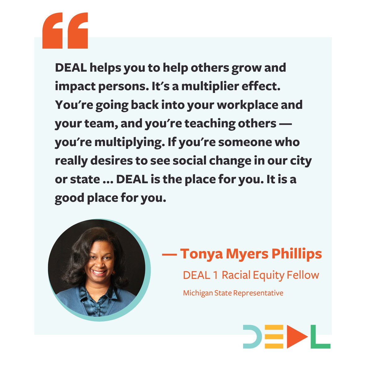 Just 1 day left to apply for our Racial Equity Fellowship’s 2026 cohort (aka DEAL 10)!

Rep. Tonya Myers Phillips, who was in DEAL 1, shares how DEAL's model is a multiplier effect. 

If you'd like to join our community, apply by TUE Sept 30 at 11:59PM: sites.google.com/view/detroiteq…