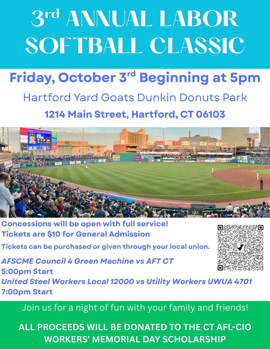 Who's ready for the 3rd Annual Labor Softball Classic?!

Join us for a night of fun and a good cause on Oct. 3 at Dunkin’ Park, the union-built home of the Yard Goats. Gates open at 4pm and concessions will be open!

All proceeds will benefit our Workers Memorial Day Scholarship
