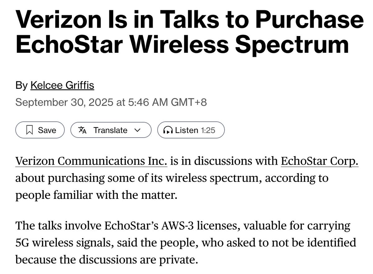 origoinvest's tweet photo. Echostar $SATS in talks to sell some of its remaining spectrum to Verizon

Carrying value for their AWS-3 licenses is $9.8bn (AT&T and SpaceX were at significant premium to carrying)

Will see where this ends up but probably some upside to my out of the gate NAV of $33bn

$SATS is up +8% on the news