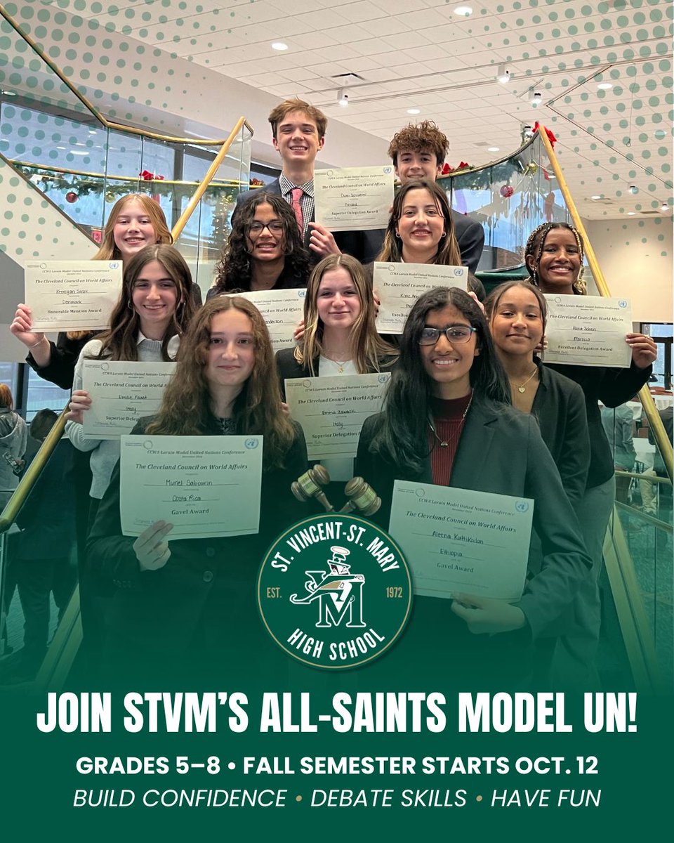 stvmirish's tweet photo. Middle schoolers in grades 5–8—join the STVM All-Saints Model UN! 🌍
Build confidence, sharpen debate skills, and have fun while learning public speaking and critical thinking. 🙌

🗓️ Fall semester begins Oct. 12 at STVM. Don’t miss it!
#STVM #IrishPride #FutureIrish #ModelUN https://t.co/RtabGm0v4O