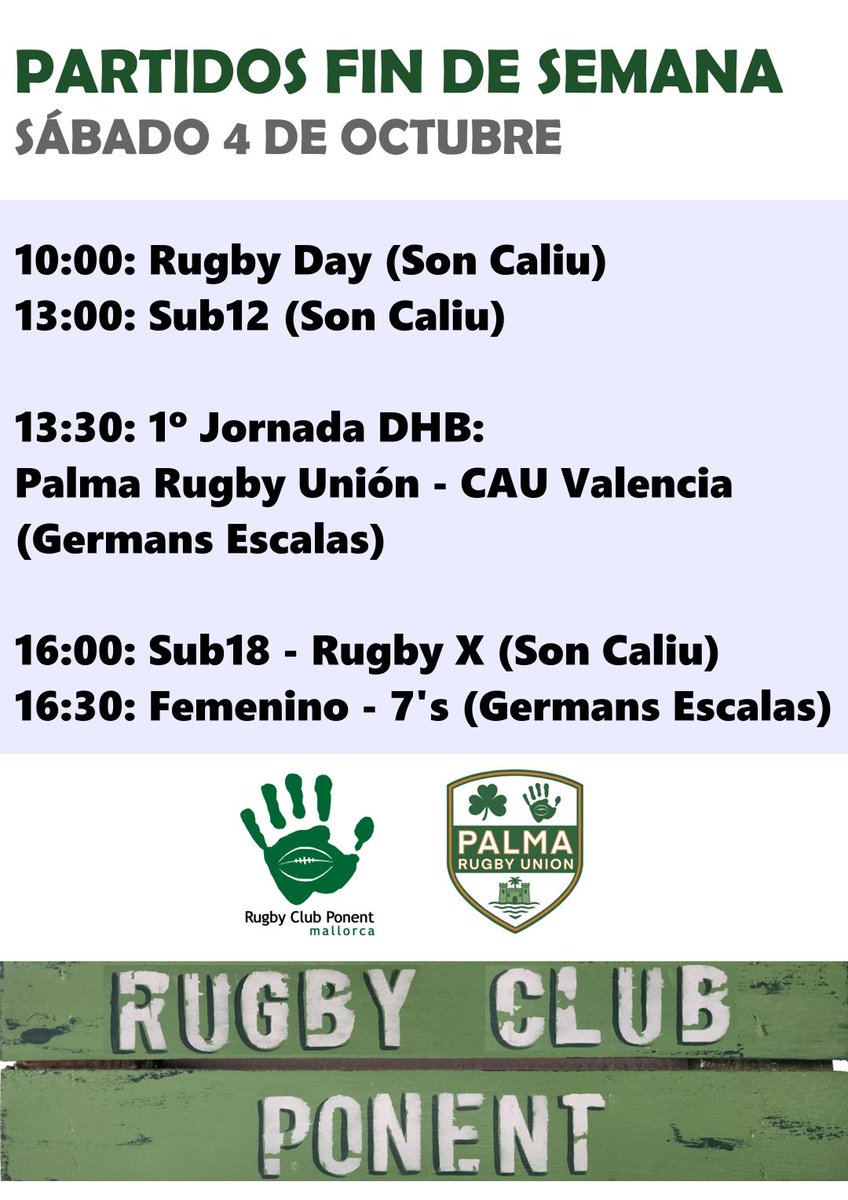 🔥🏉 ¡Arranca la temporada de rugby! 🏉🔥

Este sábado 4 de octubre tenemos la primera jornada de la temporada y viene cargada de emoción: partidos de cantera, rugby femenino y… ¡el gran estreno de nuestro equipo en División de Honor B! 💚🤍