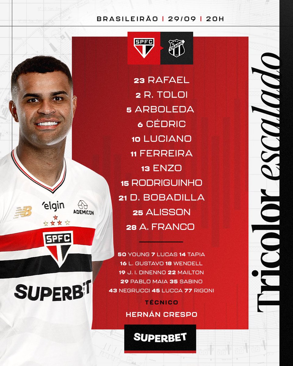SaoPauloFC's tweet image. 🇾🇪 O Tricolor está escalado! 

⚽️ São Paulo x Ceará 
🏟️ MorumBIS 
⏰ 20h 
🏆 Brasileirão  

📺 Sportv e Premiere 
🎙️ SPFC Play

#VamosSãoPaulo 🇾🇪