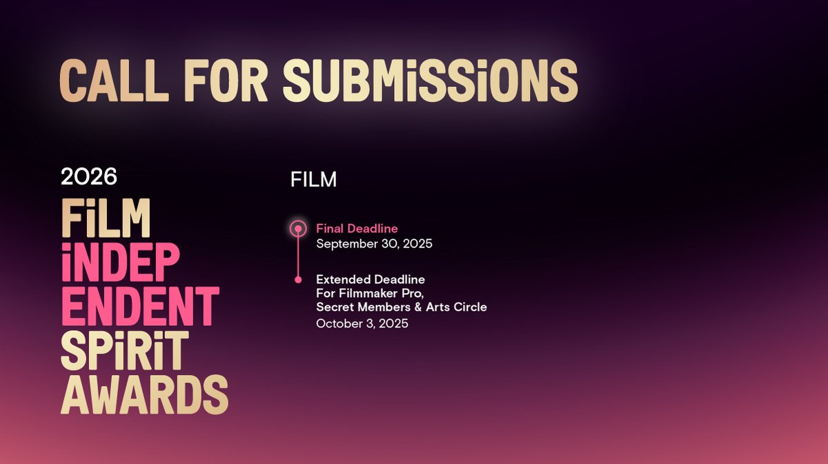 filmindependent's tweet image. 🚨 TOMORROW is the FINAL Film submissions deadline for the 2026 #SpiritAwards. Don't wait, submit now: bit.ly/SpiritAwardsSu…

Need more time? Join as a Filmmaker Pro, Secret or Arts Circle #FiMember for more time to submit (October 3) with discounted fees!