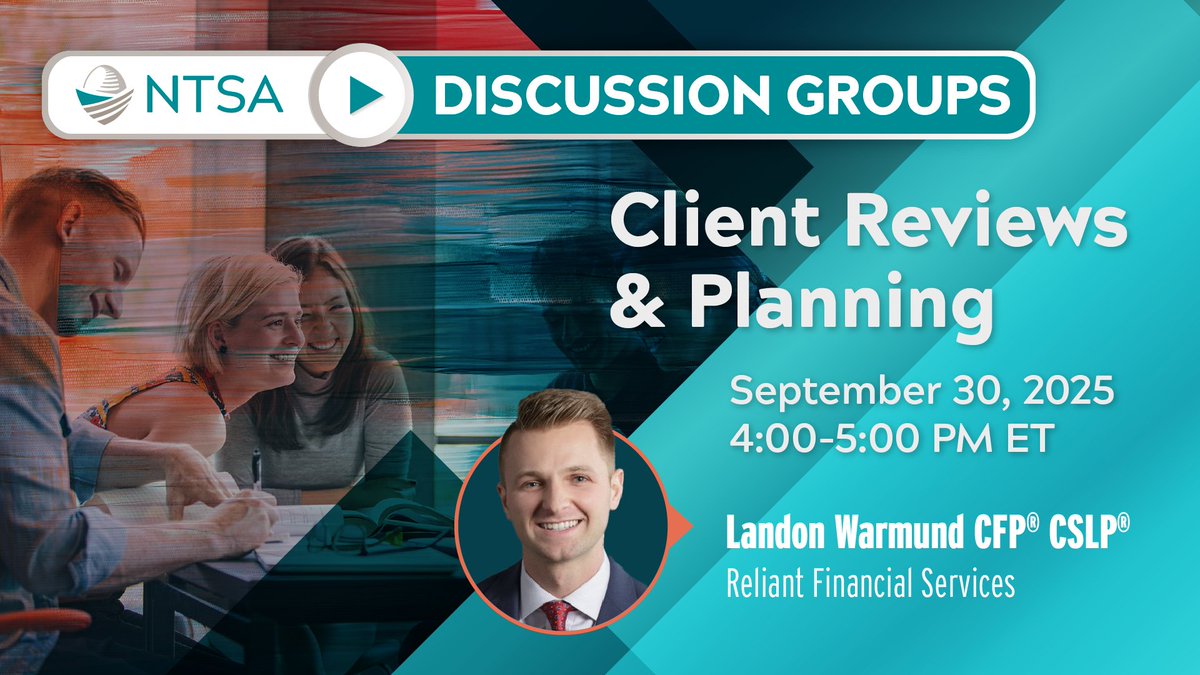 NTSA403B's tweet image. Engage with NTSA members while learning new tools to elevate your practice. Don’t miss tomorrow's Discussion Group!  

Register at no cost today: us06web.zoom.us/meeting/regist… 

🎤Landon Warmund CFP® CSLP®
#PracticeManagement #DiscussionGroup #FinancialAdvisors