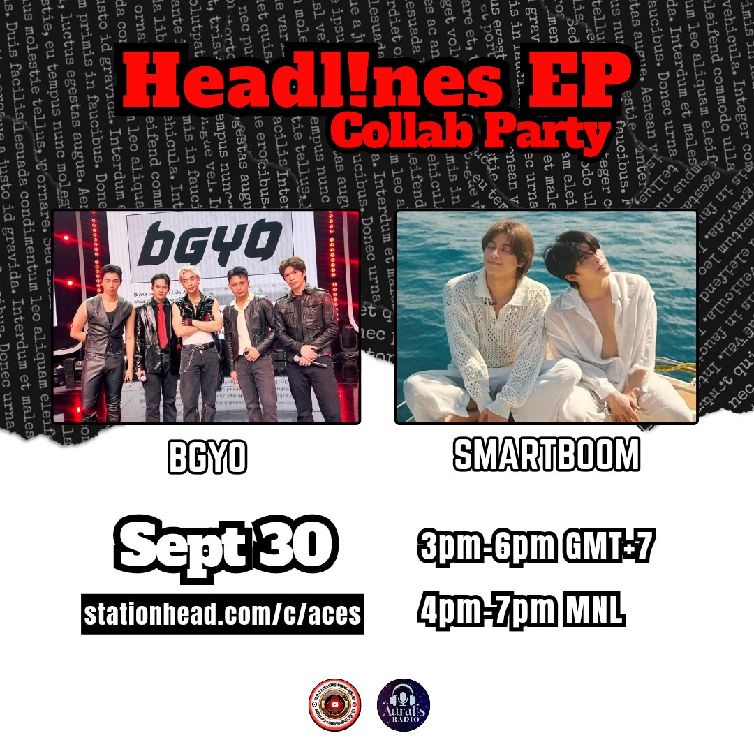 Feel the beat on our Stationhead Party with <a href="/AuralisRadio/">Auralis Radio</a>

Come and stream with us ACEs and Auralis!

📆: September 30, 2025
🕓: 3PM-6PM (GMT+7)
🕘: 4-7 PM MNL
📻: stationhead.com/c/aces

#สมาร์ทบูม #SmartBoom #Auralis
#BGYO #BGYO_HeadlinesEP #BGYO_DanceWithMe