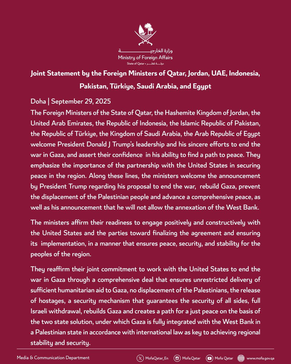 afshineemrani's tweet photo. Joint statement by the foreign ministers of Qatar, Jordan, the UAE, Indonesia, Pakistan, Turkey, Saudi Arabia, and Egypt welcomes the sincere efforts of the U.S. President to end the war in Gaza. https://t.co/w50Y6OUYtg
