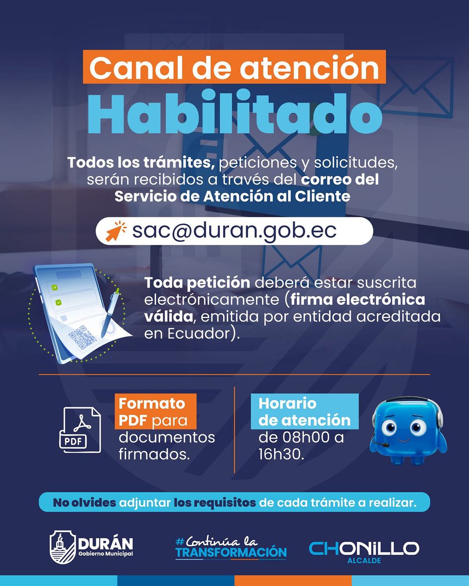 Gobierno Municipal de Durán (@gobiernodeduran) on Twitter photo ¡RECUERDA!
Todos tus trámites se receptan a través del correo electrónico sac@duran.gob.ec.
El horario de atención virtual es de 08h00 a 16h30. ¡RECUERDA!
Todos tus trámites se receptan a través del correo electrónico sac@duran.gob.ec.
El horario de atención virtual es de 08h00 a 16h30.