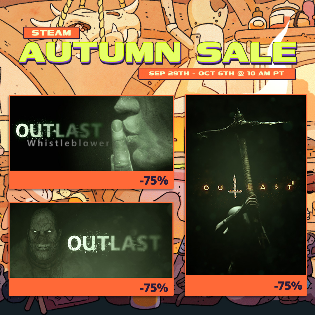 TheRedBarrels's tweet photo. With Halloween approaching and an update coming soon, there is no better time get into #TheOutlastTrials on sale now for 70% off in the @Steam Autumn Sale! 🍂 Grab all other #Outlast games at 75% off as well until October 6! 😱

#OutlastTrials #OutlastWhistleblower #OutlastDLC #Outlast2 #SteamSale