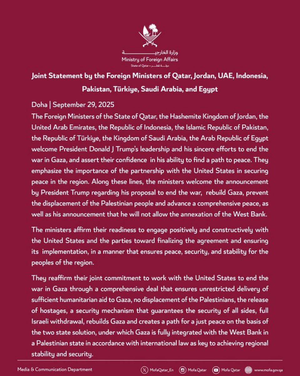 Der Trump-Plan 🇺🇸 zur Beendigung des Gaza-Krieges, zur Freilassung aller Geiseln und zu einem langfristigen Friedensplan ist das Hoffnungsvollste, was die Region seit Jahren des Hasses, des Krieges und des Terrorismus erlebt. 🇮🇱 hat dem Plan zugestimmt. Bemerkenswert ist die