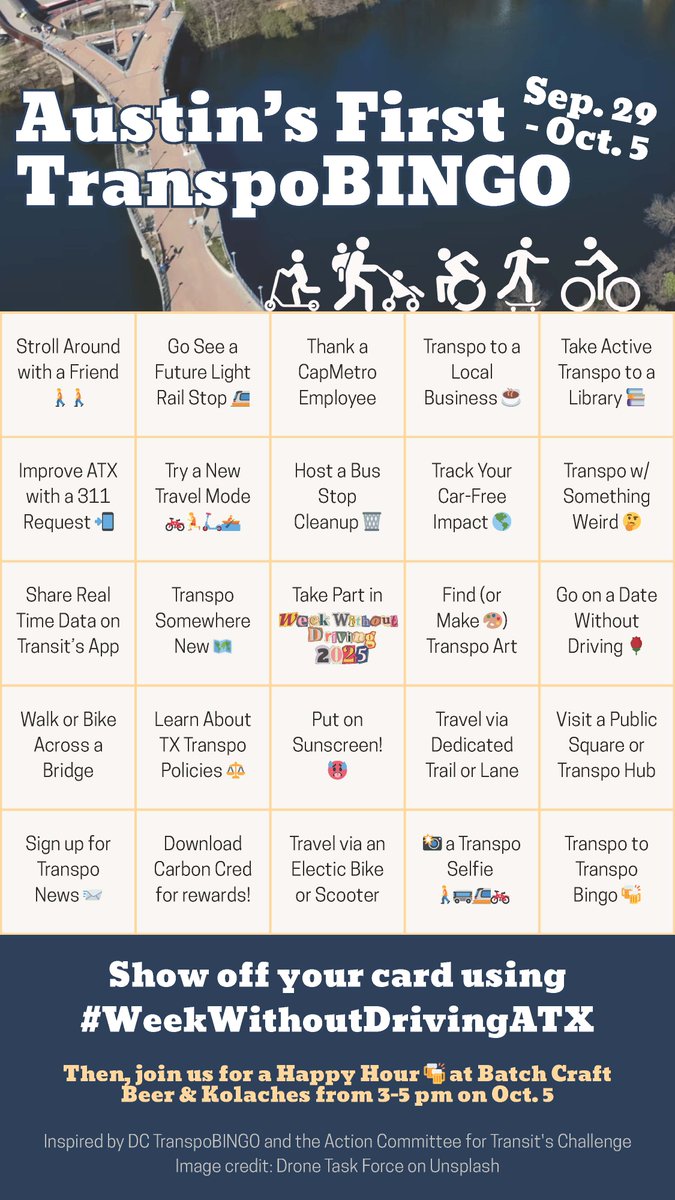 Are you ready for TranspoBingo? Walk, bus, scoot, explore -- so many ways to join in the #WeekWithoutDrivingATX fun in Central Texas!

SCREENSHOT THIS CARD or grab a full-size version: drive.google.com/drive/folders/… <a href="/Movability/">Movability</a>