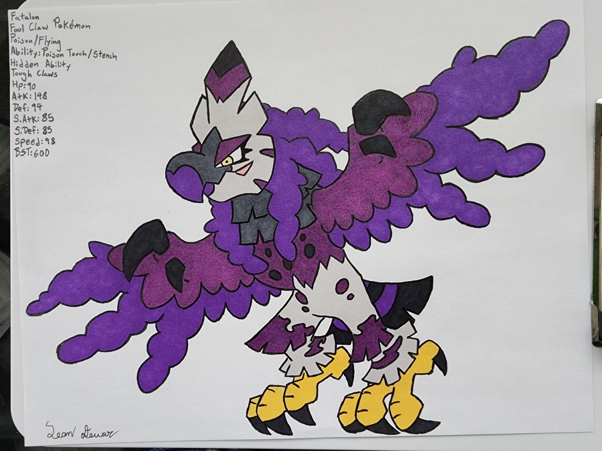 FalcoSean's tweet photo. Like Molompere, I went back and redesigned another final evolution of a Pseudo-Legendary. This time, it's Fatalon, cuz I realized it's a bit too same-y to the middle stage.
#Pokemon #PokemonArt #Fakemon #FakemonArt #PoisonTypePokemon #FlyingTypePokemon https://t.co/WFqSxLqjrO