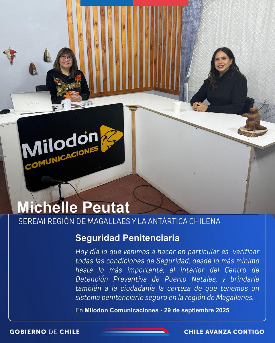📻La Seremi Michelle Peutat visitó <a href="/milodonfm/">Milodón Comunicaciones</a>, donde conversó diversos temas de relevancia regional como la seguridad penitenciaria, conmemoración del Día de Acceso a la Justicia y avances en desnotarización impulsados por el <a href="/MinjuDDHH/">Ministerio de Justicia y Derechos Humanos</a>.

Link entrevista: tinyurl.com/ycyw6exf