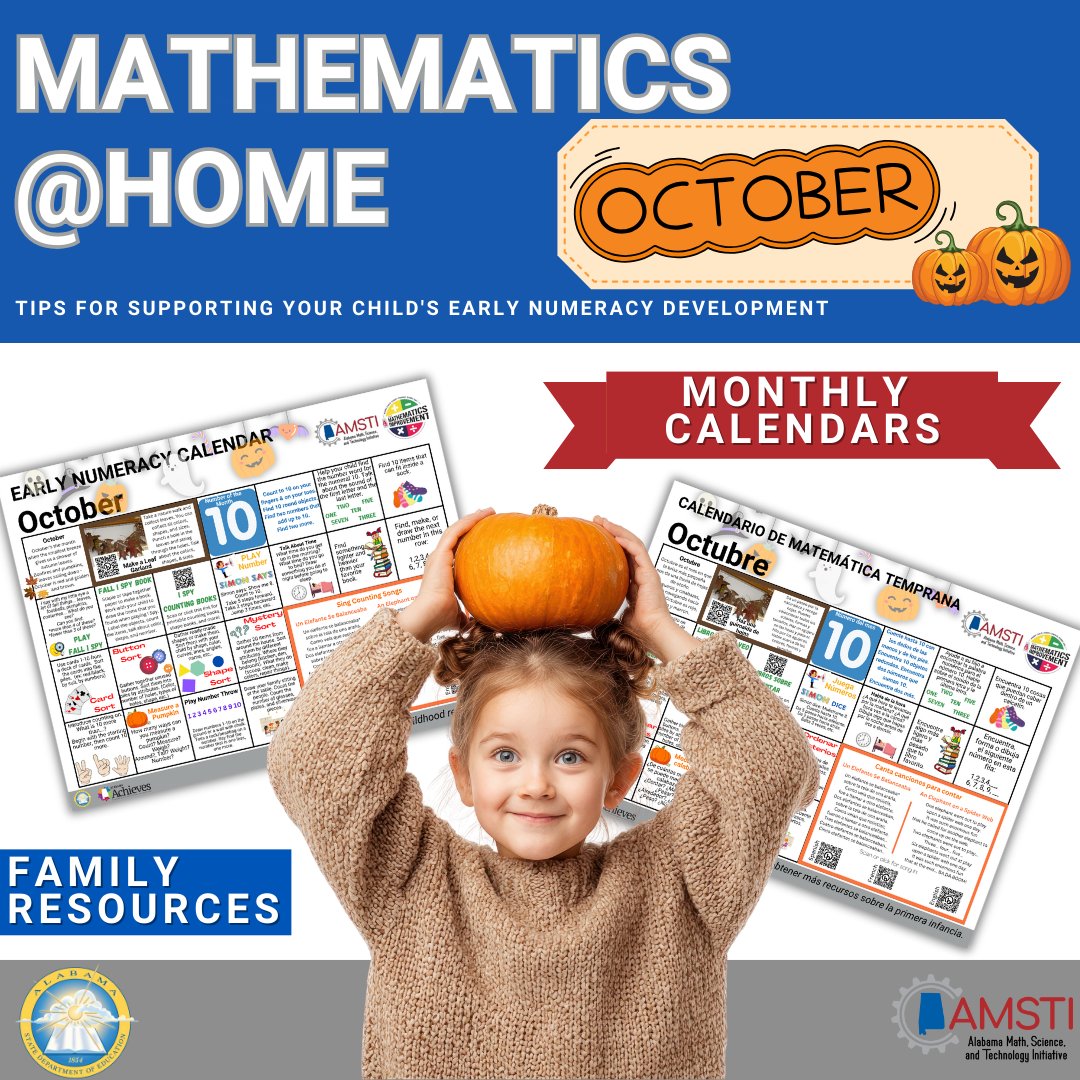Did you know that October is National Learning and Development Month? Use our Early Numeracy Calendars to celebrate with your family! English and Spanish versions are both available at bitly.amsti.org/calendars. #AMSTI4all