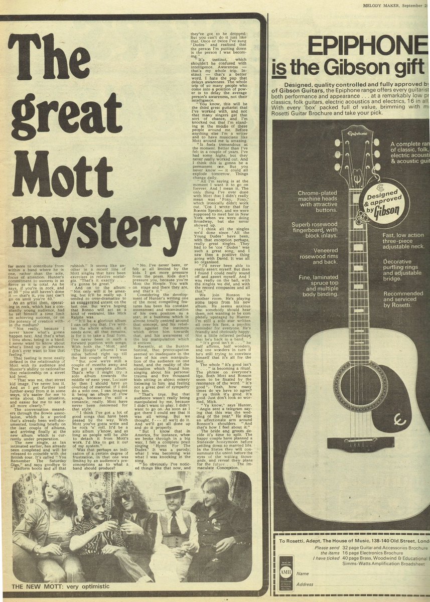GlamSlam72's tweet photo. Mott The Hoople &amp; Mick Ronson’s "The Great Mott Mystery", a two-page feature in Melody Maker, September 28, 1974. https://t.co/ygixoI7Yw0