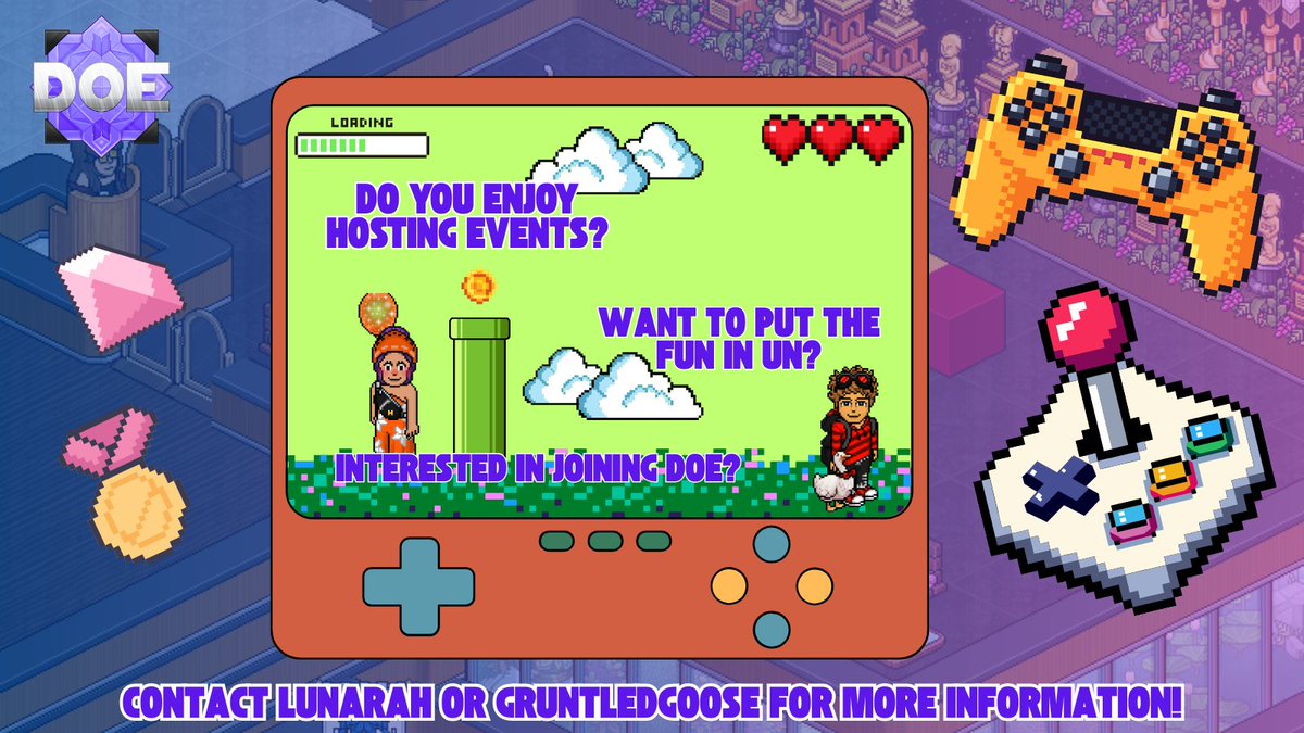 🎮 The Department of Events is always hiring! Looking to host games and earn RP? Contact lunarah or GruntledGoose to join today! 👀#habbo #habboUN

✨ <a href="/DemizeHABBO/">Demize</a>