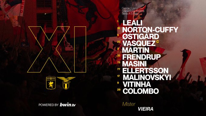 A lineup of soccer players listed vertically in white text on a red background with a crowd and flags visible. The names Leali, Ostigard, Vasquez, Martin, Frendrup, Masini, Ellertsson, Malinovsky, Vitinha, Colombo are displayed. A large yellow "XI" and a logo with an eagle and "I" are present. The text "Mister Vieira" appears at the bottom.
