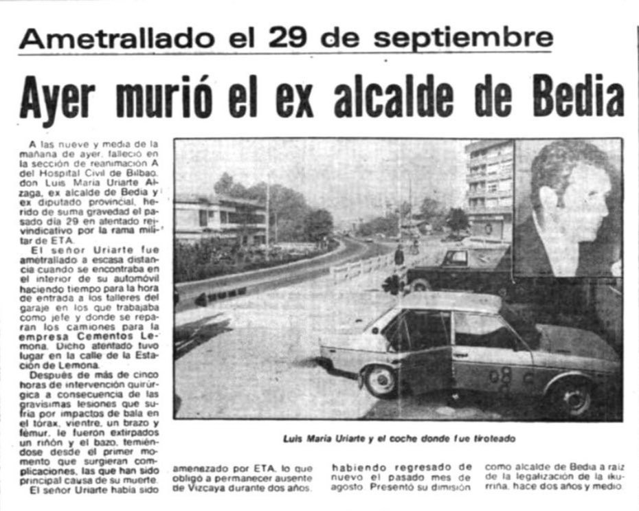 vctorst2's tweet photo. Un día como hoy de 1979 falleció en el Hospital Civil de #Bilbao, el exalcalde de #Bedia LUIS MARÍA URIARTE ALZAA.
Murió a consecuencia de las gravísimas heridas que había sufrido unos días antes al ser ametrallado por #ETA en la localidad vizcaína de #Lemona.
#MEMORIA https://t.co/3ANZwMIlmP
