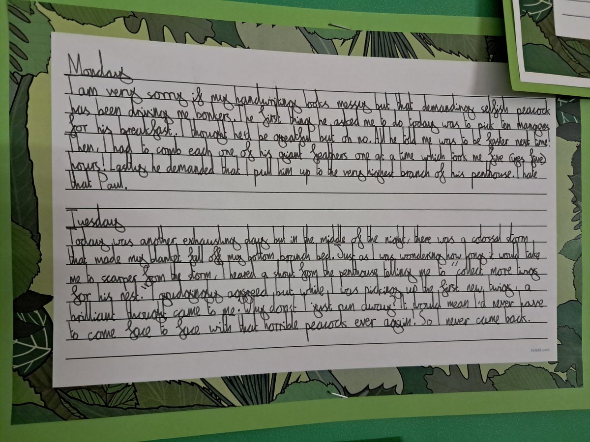 As part of our whole school text (Paul the Peacock), Year 6 wrote diary entries from the point of Norris the Loris. Then they drew pictures inspired by Norris during different parts in the story.