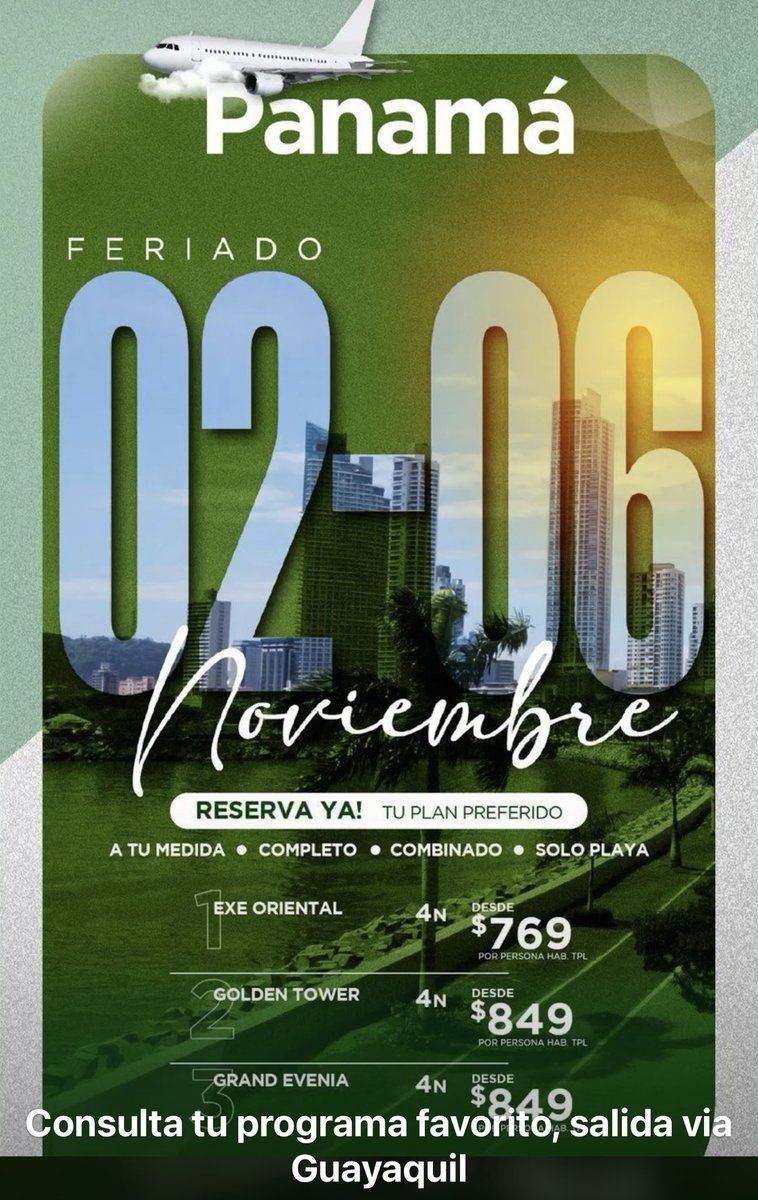 #Feriado
#Panama
#Noviembre 
📲0987002713
RESERVA YA !!
