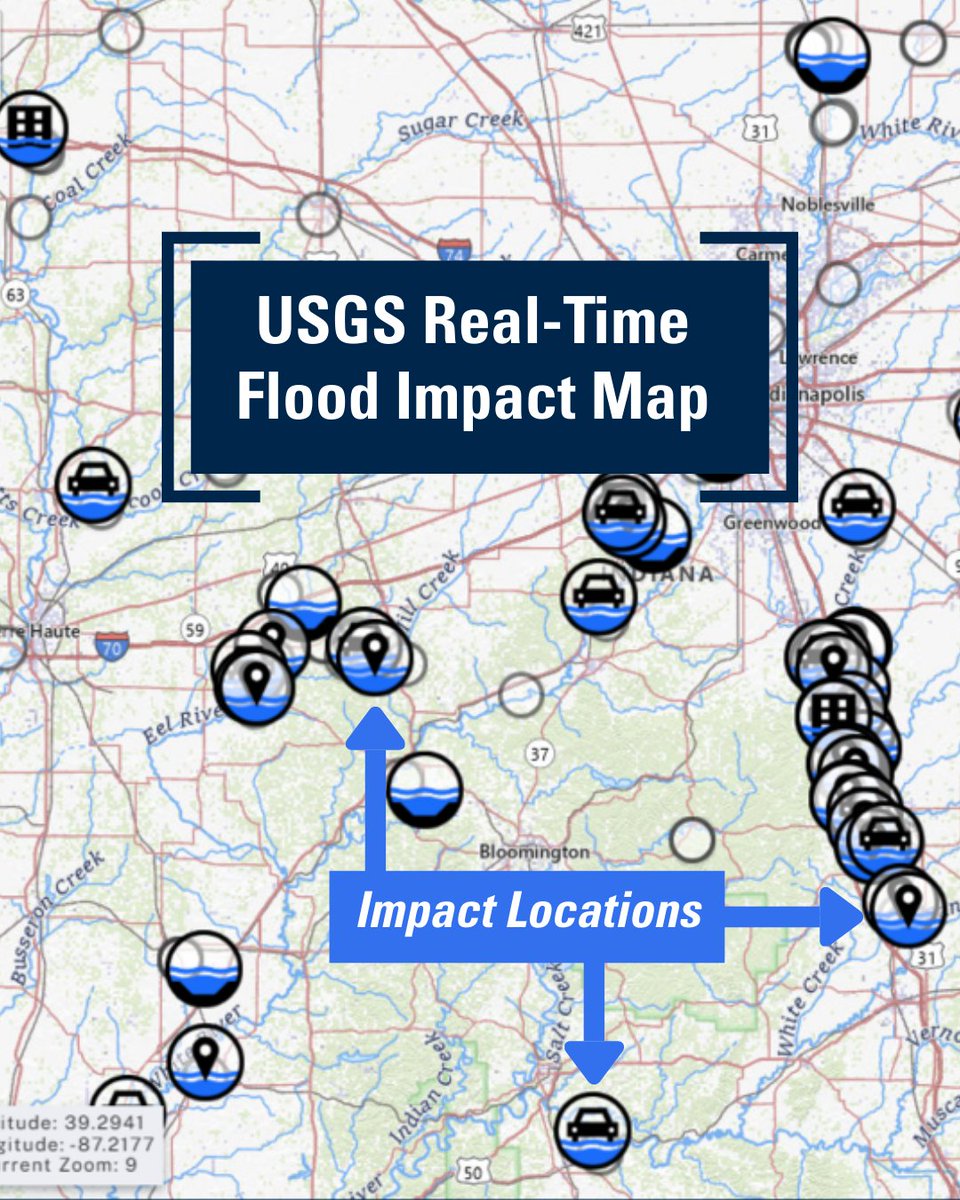 USGS_Water's tweet photo. Stay informed of flood events with the #USGS Real-Time Flood Impact Map 🗺️ This tool shows where specific infrastructure, like roads, bridges, and buildings, may be vulnerable to rising waters.

Explore the map:  https://t.co/15UD6LNkGt
#Floods #BePrepared #PreparednessMonth https://t.co/k6aGfZ3KUG
